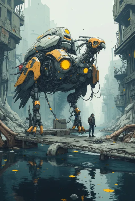 (masterpiece, best quality), illustration style, post-apocalyptic scene, a cyber-avian in the foreground, mechanical joints, perched confidently on a rusted girder above dark floodwater, reflections of its lights shimmering on the surface, next to it a lon...