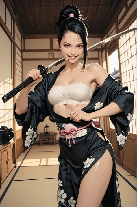Kunoichi, (highest masterpiece, best quality), Super Detailed, ultra sharp, ultra high definition, 16K octane, cinematic lighting effects, ray tracing, professional camera work in training clothes, charming and dynamic perspective, Unexpected angle, Profes...