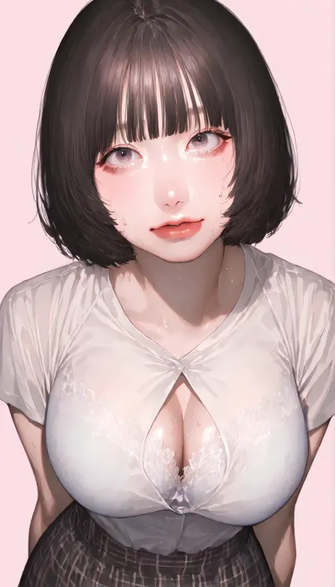 written depth, target in focus, ((dynamic angle)), sexy, Highest Quality, detailed eyes, perfect eyes, Realistic Eyes, ((Thick lower lip)), (Light Eyeliner), perfect eyes, natural look that highlights summer, (white shirt), ( Plated Skirt ), Realistic Ches...