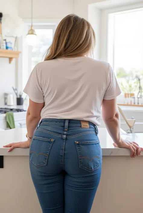 photorealistic rear portrait, mature woman with motherly presence leaning forward on kitchen counter, true back view, ultra high-waisted tight jeans emphasizing natural wide hips, realistic mature figure with authentic curves, casual posture, bright kitche...