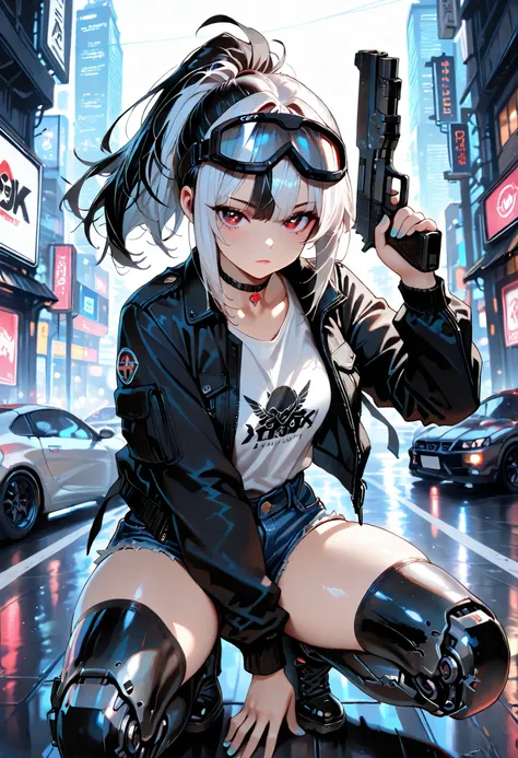 masterpiece, Top Quality, high image quality, 1 girl, solo, cartoon, Completely_soldier_2k24 ,best quality ,A perfect masterpiece,((perfect artwork)),16k,medium hair,unruly hair,ahoge,wispy bangs,(two-tone hair,Silver Hair,Black Hair),white T-shirt,Denim h...