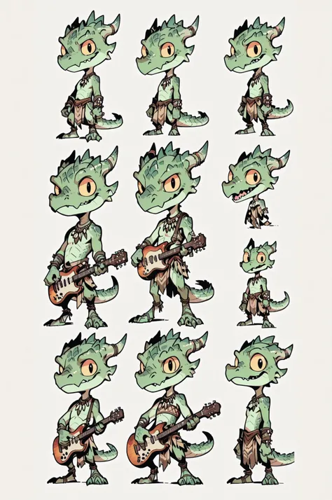 Three( male,green skin, green scales, (((Kobold)), (detailed kobold)) bearing a musician instruments, a tribal clothes, character design, toon style, chibi
