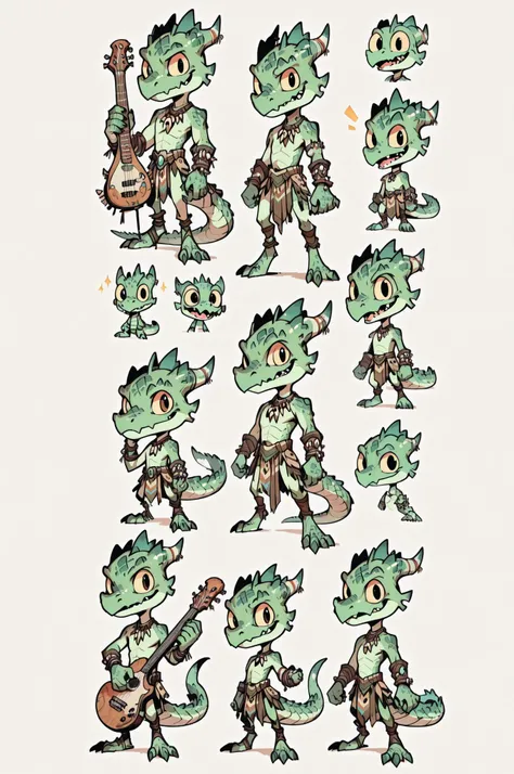 Three( male,green skin, green scales, (((Kobold)), (detailed kobold)) bearing a musician instruments, a tribal clothes, character design, toon style, chibi