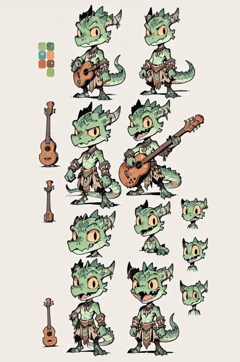 Three( male,green skin, green scales, (((Kobold)), (detailed kobold)) bearing a musician instruments, a tribal clothes, character design, toon style, chibi
