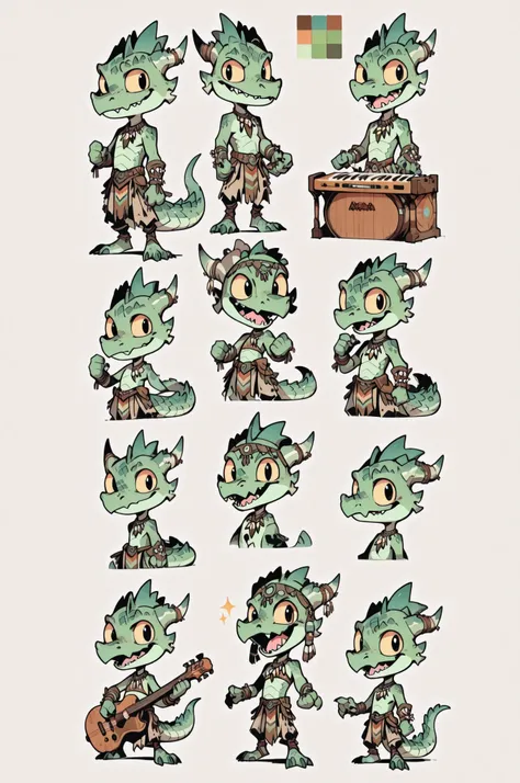 Three( male,green skin, green scales, (((Kobold)), (detailed kobold)) bearing a musician instruments, a tribal clothes, character design, toon style, chibi