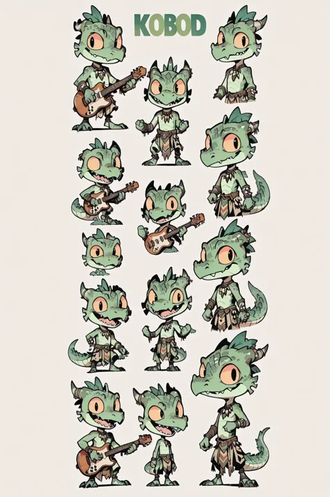 Three( male,green skin, green scales, (((Kobold)), (detailed kobold)) bearing a musician instruments, a tribal clothes, character design, toon style, chibi