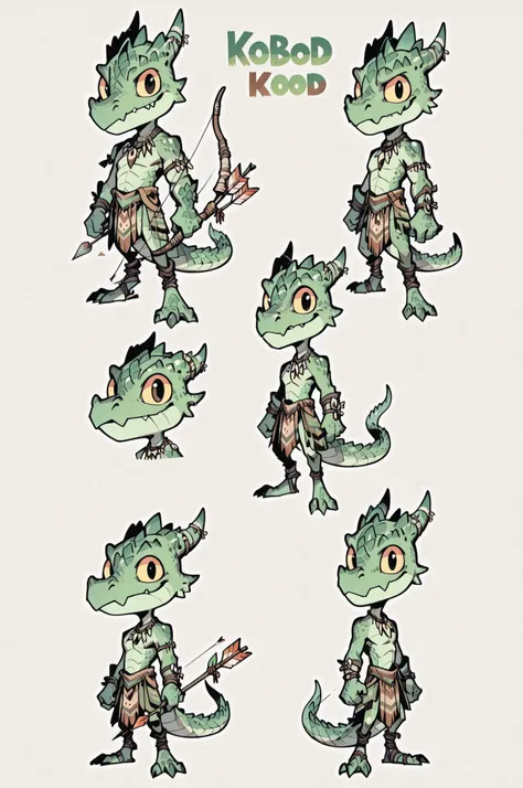 Three( male,green skin, green scales, (((Kobold)), (detailed kobold)) armed with bow and arrow, a tribal clothes, character design, toon style, chibi