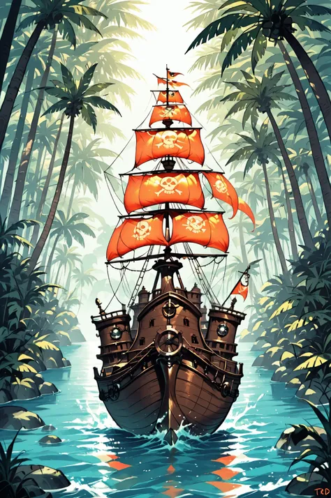 masterpiece, best quality, amazing quality, very aesthetic, high resolution, newest, hyper-detailed, a pirate ship, with wheels riding in a tropical forest, Toon, design,