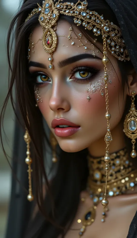 Portrait of an Arab princess, fairy tale image, Fantastic backgrounds, magical atmosphere, she has a veil-mask and falling fringes (gold-diamond) cover the lower part of the face:1.33, Ultra-realistic (photorealistic Realism), (ultra realistic texture det...