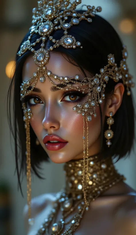 Portrait of an Arab princess, fairy tale image, Fantastic backgrounds, magical atmosphere, she has a veil-mask on her face (veil-mask i jej falling gold-diamond fringes cover the lower part of the face:1.33), (made of gold chains and diamonds, shiny, eleg...