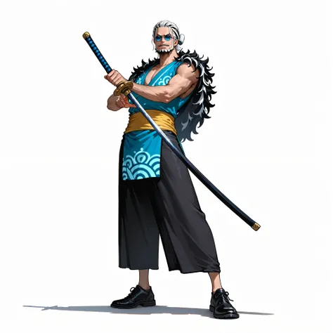 (male), (old man), (slicked back hairstyle), (white hair), (blue eyes), (round sunglasses), (fit body), (beard), (holding katana), (calm face), (solo), (single character), (full body version), (white background), (no background), (highly detailed), (shadow...
