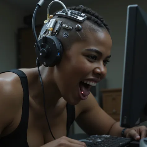 (((ultra sharp cinematic photo, photorealistic close up portrait))) of young beautiful (((fullbreasted))) blackskinned ((Alexandra Shipp)), (((looking into camera))), ((((((looking lunatic, insane, mad, crazy, convulsed distorted face, open mouth, crazy hy...