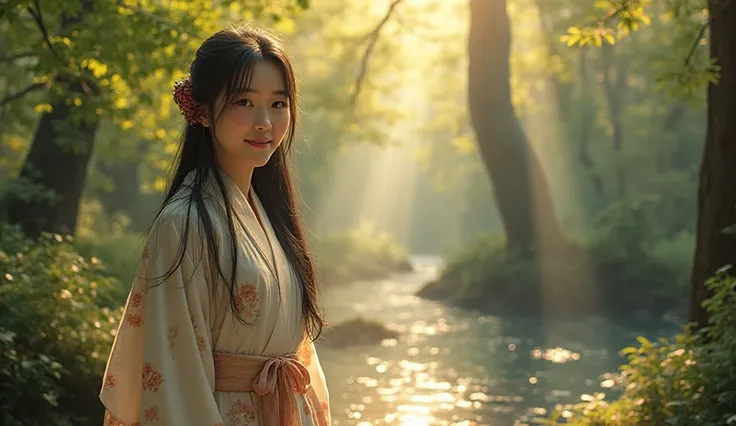 A real, slender, 18-year-old Oriental Japanese girl standing near a hot spring inside a spring forest. She is wearing a thick lambswool traditional Wafuku (kimono), smiling warmly with a humanity smile. She has delicate facial features, black eyes, soft no...