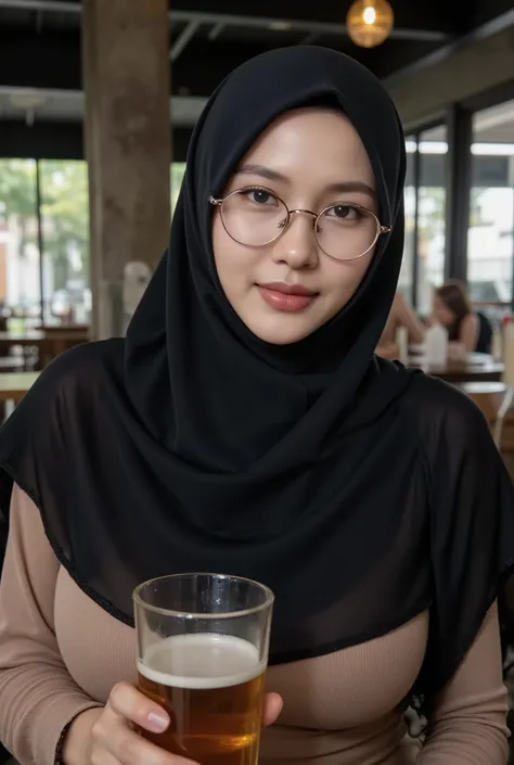 42-years-Old, Sugar Mama, ((Beauty Nerd Indonesian MILF)), ((Wearing Eye Glasses, Wearing Hijab)), (Sensual lips : 1.2), wet Oily Tanlined Skin, (Large Breasts : 1.2), Burqa, Polish Nail and face, Busty Athletic Body, Realistic Detailed Perfect Face, at Un...