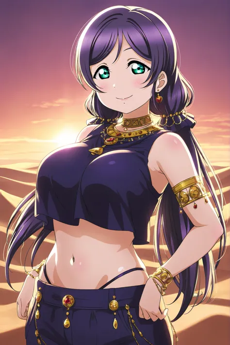 Love live,professional art, highres, hdr, glossy shiny skin, soft lighting from right, cowboy shot, toujo nozomi, large breasts, oriental style,high waisted thong, wide meck crop top, clothed breasts, crop top overhang,in desert , choker, jewellery , thong...