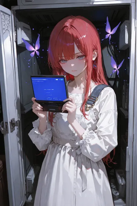 high quality,4k resolution,highly realistic,Delicate Details,Portrait of a female internet priestess in professional style,Red-haired girl standing in front of a white closet,contemplating an unknown digital field,face close-up playful and cute,Serious and...