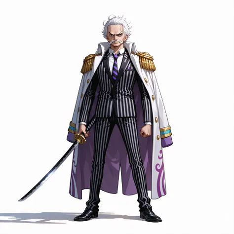 (male), (old man), (short white hair), (mustache), (black eyes), (serious face), (standing pose), (solo), (single character), (full body version), (white background), (no background), (highly detailed), (shadow), (natural light), (detailed outfit), (detail...