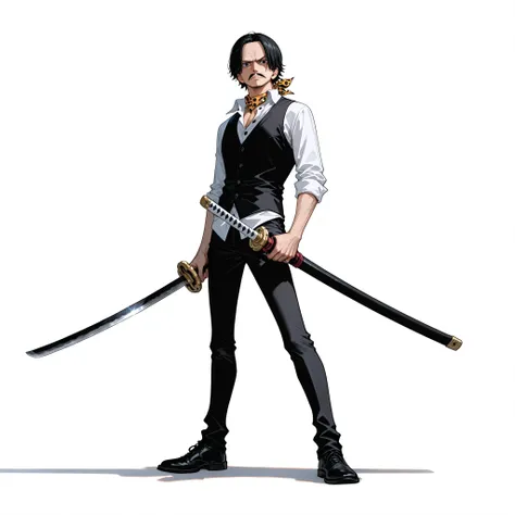 (male), (old man), (short black hair), (mustache), (black eyes), (serious face), (standing pose), (solo), (single character), (full body version), (white background), (no background), (highly detailed), (shadow), (natural light), (detailed outfit), (detail...