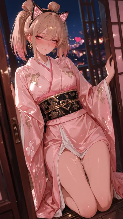 A girl alone, (Light pink eyes), (long light brown hair), (Pink Gradient Highlights), ( double ponytail),  Cat ear headband, Lovely Heart Earrings, gentle facial expression, 
 kimono, Long flowing sleeves, intricate embroidery , gold embellishment, wide de...