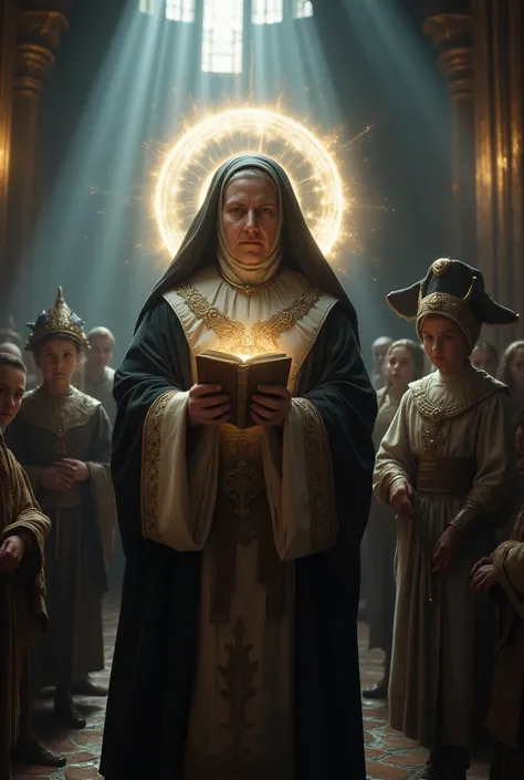 a nun in her nun's clothes, she is 50 years old and has children in the church with her, she is holding a holy bible in her hand while a light falls on her and protects her with a circular shield around her, spreading her protection to the children as well...