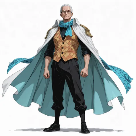 (male), (middle aged man), (very tall body), (white hair, slicked back hair), (black eyes), (round glasses), (mysterious expression), (hands covered by cloak), (serious face), (solo), (single character), (full body version), (white background), (no backgro...