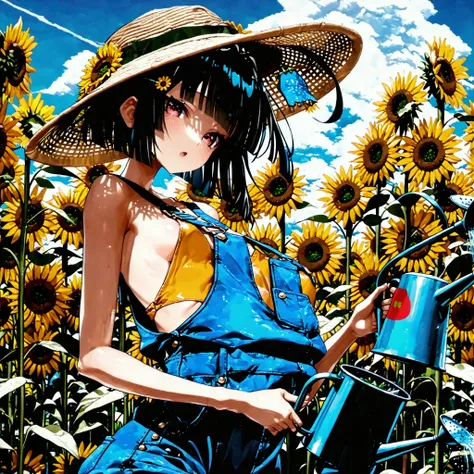 1girl。((live-action。Japanese。Beautiful Woman))。((a big city turned into a jungle with grass。Growing sunflowers in a field。watering sunflowers with a watering can。hat。overalls))。((best quality)), ((masterpiece)), ((high resolution)),((detailed))。blunt bangs...