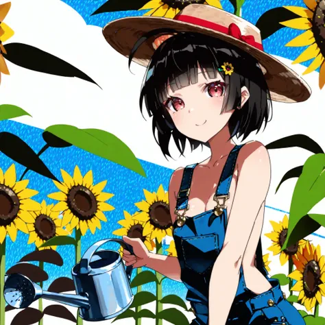 1girl。((live-action。Japanese。Beautiful Woman))。((a big city turned into a jungle with grass。Growing sunflowers in a field。watering sunflowers with a watering can。hat。overalls))。((best quality)), ((masterpiece)), ((high resolution)),((detailed))。blunt bangs...