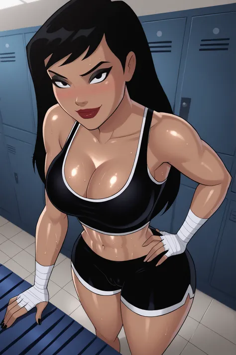 BREAK, score_6_up, score_7_up, score_8_up, score_9, 1girl, solo, Drlight, long hair, black hair, black eyes, lipstick, makeup, dark-skinned female, very large breasts, busty, cleavage, curvy, athletic, midriff, looking at viewer, seducing viewer, teasing ...