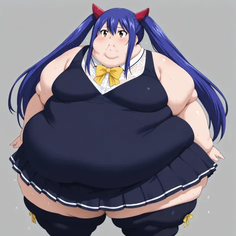 wendy marvell, long hair, hair ornament, ribbon, hair between eyes, twintails, brown eyes, very long hair, blue hair, , , 1 woman solo, skirt, thighhighs, bow, ribbon, pleated skirt, black thighhighs, bowtie, black skirt, zettai ryouiki, yellow bow, yellow...