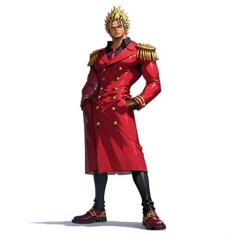 (male), (middle aged man), (tall muscular body), (dark skin), (spiky hairstyle, blonde hair), (red eyes), (serious expression), (solo), (single character), (full body version), (white background), (no background), (highly detailed), (shadow), (standing pos...