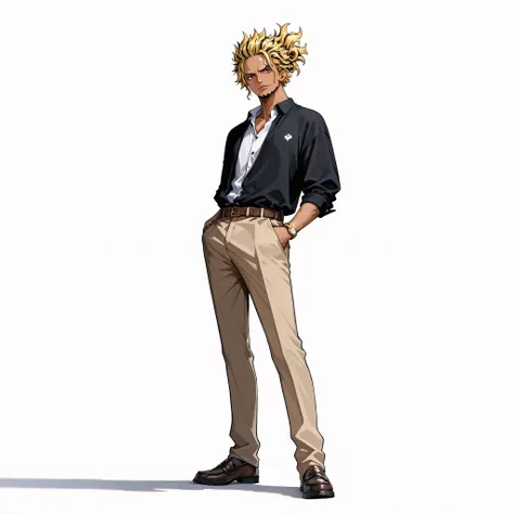 (male), (man), (fit body), (dark skin), (spiky hairstyle , blonde hair), (red eyes), (youthful face without beard), (confident expression), (solo), (single character), (full body version), (white background), (no background), (highly detailed), (shadow), (...