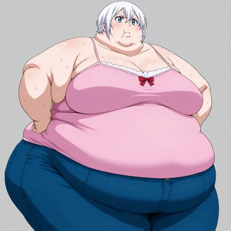 score_9, score_8_up, score_7_up, source_anime, lisanna strauss, short hair, blue eyes, hair between eyes, white hair, large breasts,, bow, bare shoulders, collarbone, pants, red bow, denim, camisole, jeans, pink camisole, fat, chubby, obese, gigantic arms...