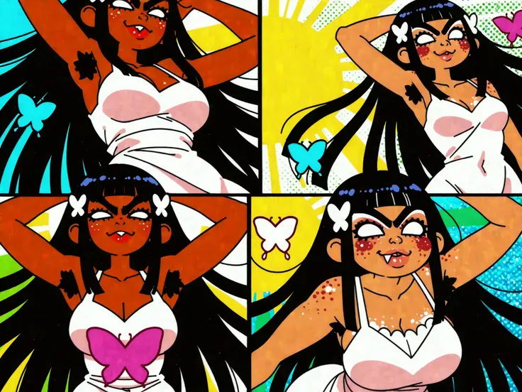 highreasterpiece, best quality,mid long shot, (side view:0.6), 1girl (Y2k pink scrap dress) , solo, hyper bottom heavy, ponytais girl, cute underwear, lines around the eyes, glare eyes, moist eyes, freckled cheeks, red cheeks, feathered bangs, hair cuticle...