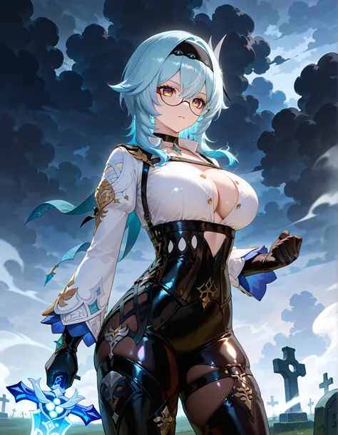 ((dark filter)), BREAK EulasDxL,a Woman, Alone, Fighting pose, He holds a sword with his hand, looking at the spectator, eyeglasses, hair ornament, thighhighs, Gloves, Chest harness, long sleeves white, blue hair, yellow eyes, headband, medium hair, big ...