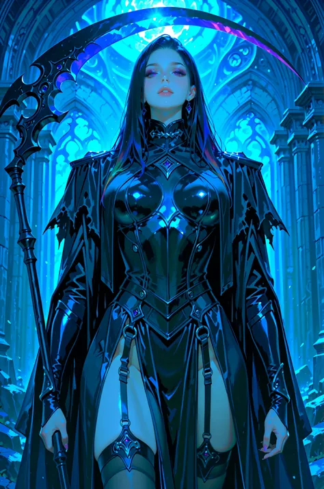 Female Reaper 、anime、Fantasy Magic、、has a big scythe、Rainbow、