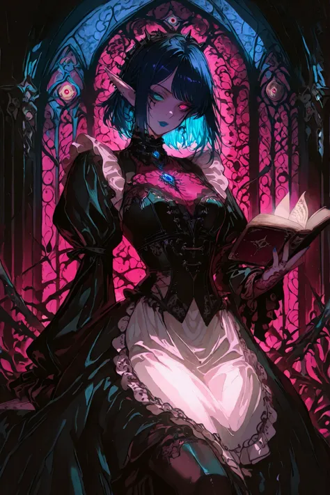 heterochromia,Gold and Purple eye, blue lips, facial markings,g0th1cpnk,Gothic,elf,goth,A dark, elegant Gothic maid character with a mysterious and otherworldly aura. She has short, straight, dark blue hair with side-swept bangs and wears stylish red glass...