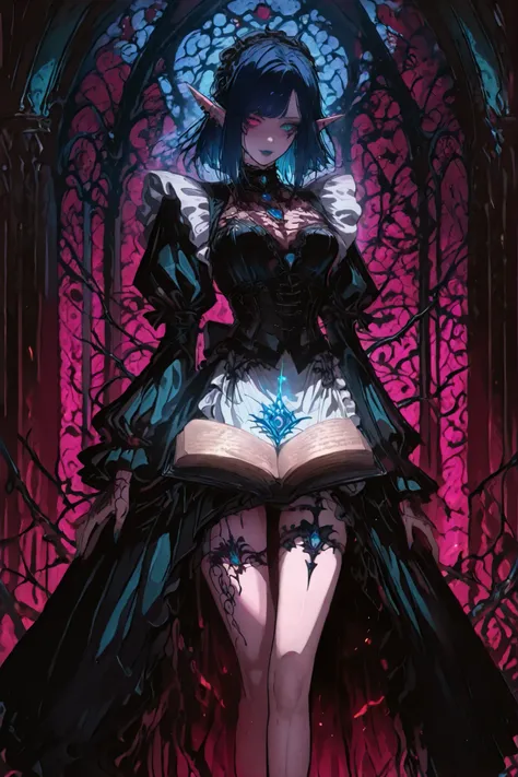 heterochromia,Gold and Purple eye, blue lips, facial markings,g0th1cpnk,Gothic,elf,goth,A dark, elegant Gothic maid character with a mysterious and otherworldly aura. She has short, straight, dark blue hair with side-swept bangs and wears stylish red glass...