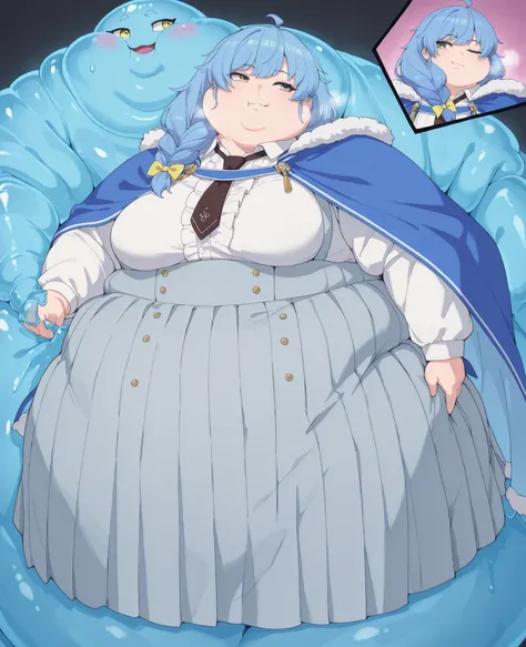 Becoming a slime, monster, aparida rain, long hair, bangs, green eyes, blue hair, yellow eyes, braid, ahoge, hair bow, grey eyes, single braid, yellow bow, braided ponytail, mature female, small breasts, skirt, shirt, long sleeves, white shirt, pleated ski...