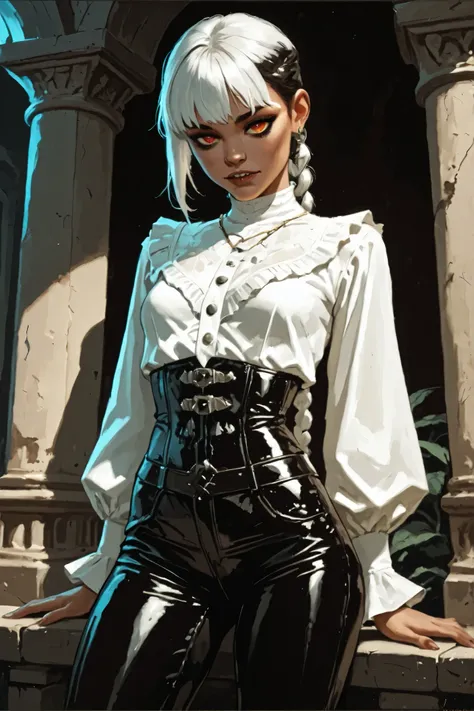 Drawn like the artist Bob Kehl. Goth girl. Albino skin. White skin. Rebecca from Cyberpunk Edgerunners with white and dark hair, deep red-coloured eyes, slanted Asian eyes, black eyeliner, with sharp teeth, athletic body and abs. Slender and athletic. Cute...