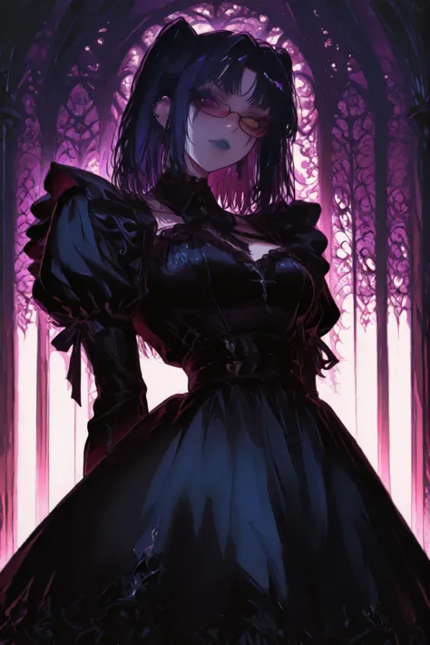 heterochromia,Gold and Purple eye, blue lips, facial markings,g0th1cpnk,Gothic,goth,The image shows a female anime character with stylized features and vibrant colors, dressed in a gothic maid costume. She has dark hair, and wears red glasses.