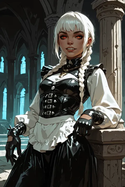 Drawn like the artist Bob Kehl. Goth girl. Albino skin. White skin. Rebecca from Cyberpunk Edgerunners with white and dark hair, deep red-coloured eyes, slanted Asian eyes, black eyeliner, with sharp teeth, athletic body and abs. Slender and athletic. Cute...