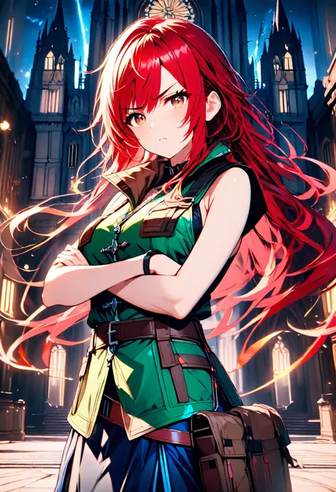 High Resolution, Best Quality, Super Detailed, Masterpiece, 4K, outside cathedral, night, 1girl, fflightning, crimson hair, long hair, brown eyes, medium breasts, adult body, emerald vest, black top, sleeveless top, blue skirt, black leggings, hiking boots...