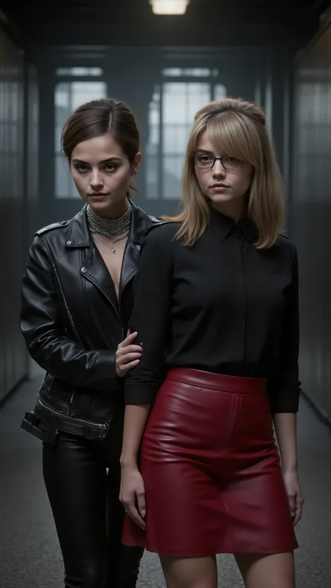 A photorealistic image , that two young women in a industrial environment shows. The first woman stands confidently in the middle of the picture, is wearing a black leather jacket and black leather pants. She has a light skin color, dunkles, straight hair...
