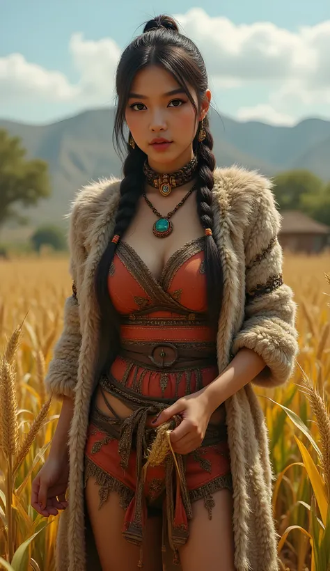 Ancient prehistoric age era, 
(Stone civilization age era:1.6), 

((Realistic cinematography ultra-wide depth intense stunning lots of realistically ultra-detailed savana angle of scenery)),plant domesticated,the detailed of an aztec female farmer holding ...