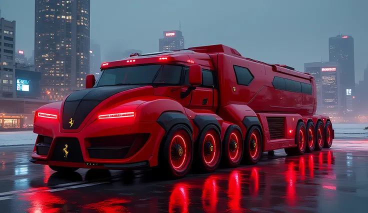 armored vehicle,A gigantic Ferrari Grand Turismo Motorhome 2030, designed as a supercar-inspired mega RV with a massive elongated body finished in Rosso Corsa red and matte carbon fiber accents. The motorhome rides on an enormous 10–12 wheel configuration,...
