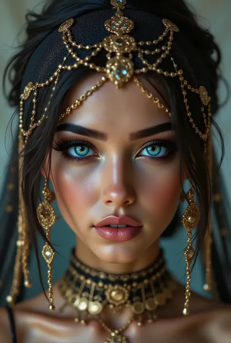  Portrait of an Arab princess, fairy tale image, Fantastic backgrounds, magical atmosphere, [she has a veil-mask and falling fringes (gold-chaining) cover the lower part of the face:1.33], Ultra-realistic (photorealistic Realism), (ultra realistic texture ...