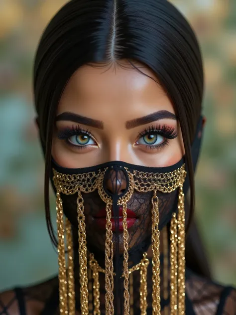  Portrait of an Arab princess, fairy tale image, Fantastic backgrounds, magical atmosphere, [she has a veil-mask and [falling fringes (gold-chaining)] cover the lower part of the face], Ultra-realistic (photorealistic Realism), (ultra realistic texture det...