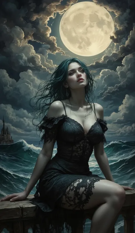 slim, 3, 3/4 modern hyperreal surreal creatively expressed portrait of sexy 22 year old girl from a lover, she is sitting on a balcony overlookinh a stormy sea with a large full moon, she poses erotically beckoning the viewer to come closer, yhe moonlight ...