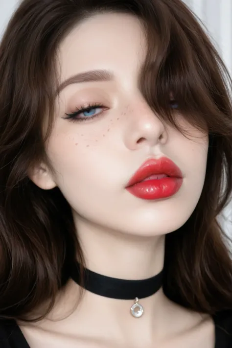 1girl, brown hair, lip gloss, sexy lips, big lips, half closed eyes, freckles, blue eyes, looking at viewer, big lips, detailed lips, red lips, red lipstick, long hair, hair over one eye, hair over eye, black eyeliner, mascara, choker, breasts