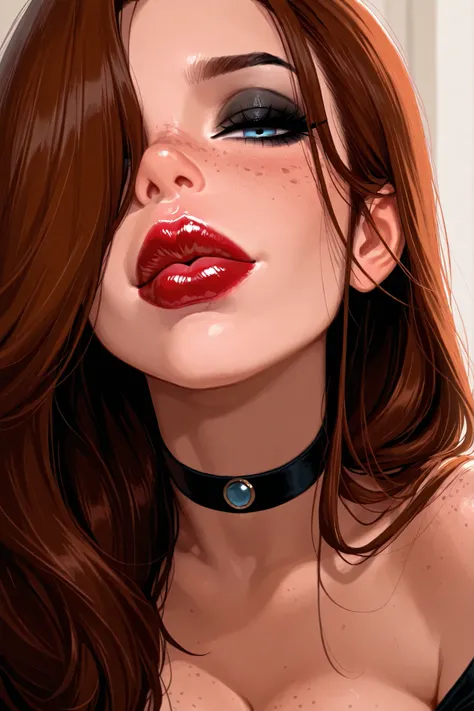 1girl, brown hair, lip gloss, sexy lips, big lips, half closed eyes, freckles, blue eyes, looking at viewer, big lips, detailed lips, red lips, red lipstick, long hair, hair over one eye, hair over eye, black eyeliner, mascara, choker, breasts